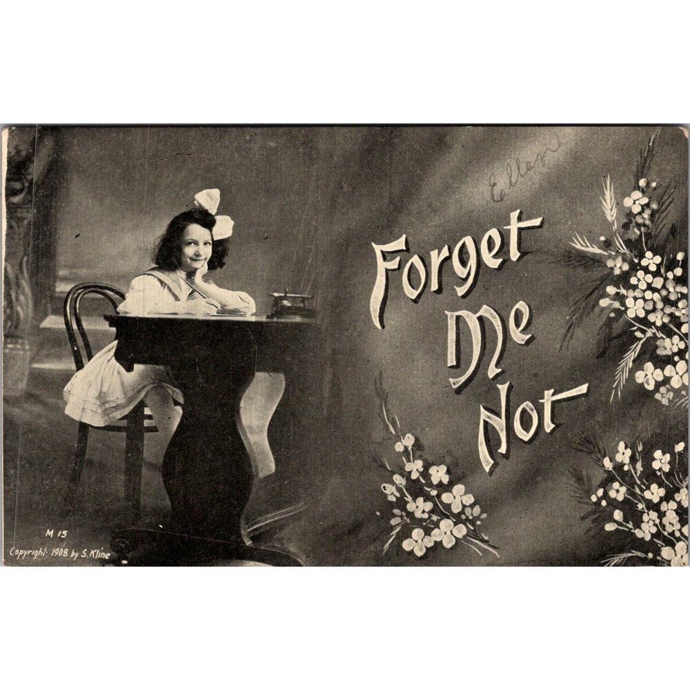 Forget Me Not & Girl in A Writing Desk Vintage Postcard SP17-26